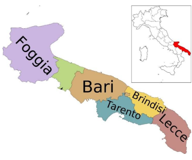 Mapa italské Apulie (La Puglia)